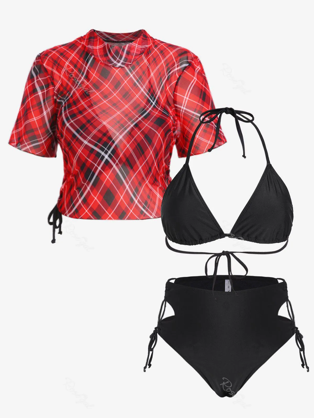 Gothic Halter Lace-up Bikini Swimwear with Plaid Mesh Cinched Cover Up Top - 4x | Us 26-28