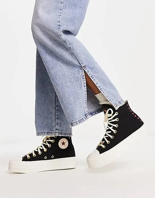 Converse Chuck Taylor All Star Lift Hi platform trainers with heart embroidery in black
