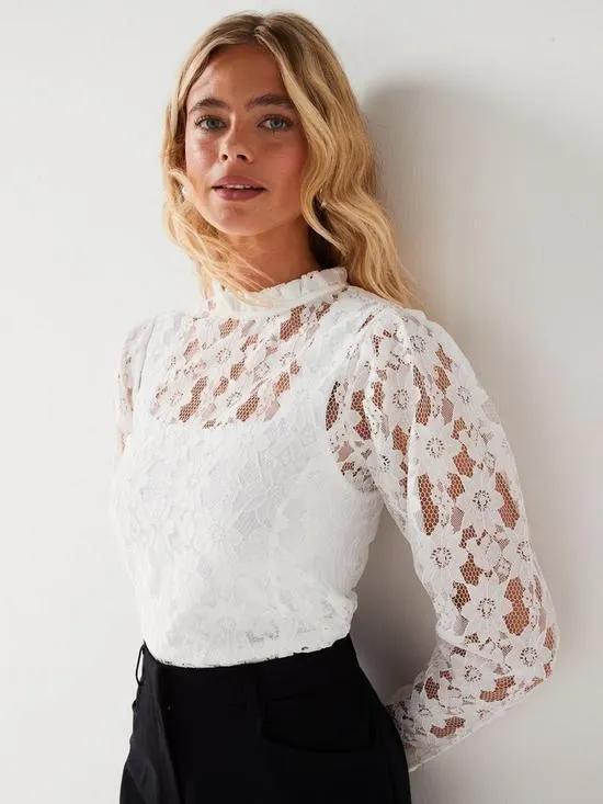 Lace High Neck Puff Sleeve Top - Cream
