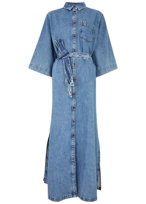 Beya belted denim maxi shirt dress