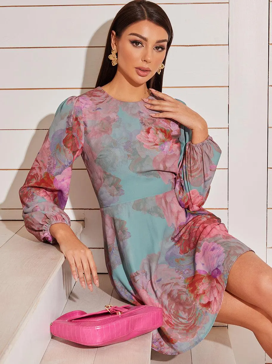 Long Sleeve Printed Mini Dress in Green