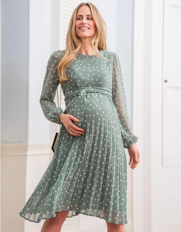 Sage Polka Dot Chiffon Maternity & Nursing Dress