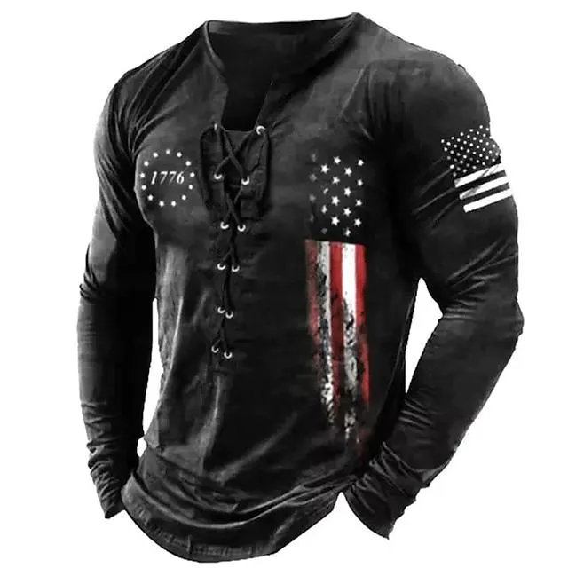 Men's T shirt Tee Tee Graphic National Flag Collar Clothing Apparel 3D Print Casual Daily Long Sleeve Lace up Print Fashion Designer Comfortable
