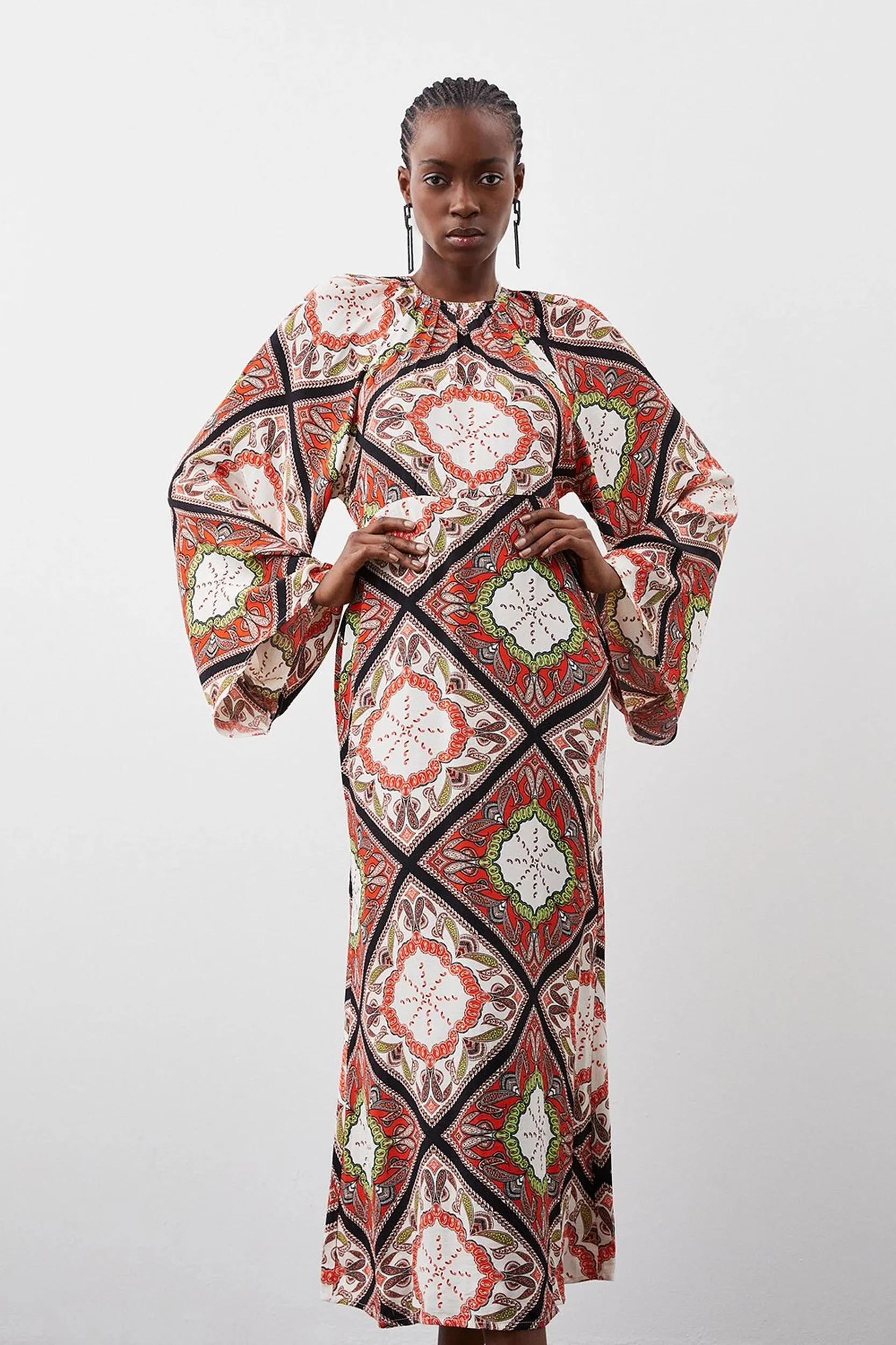 Tile Print Short Sleeve Batwing Midi Dress