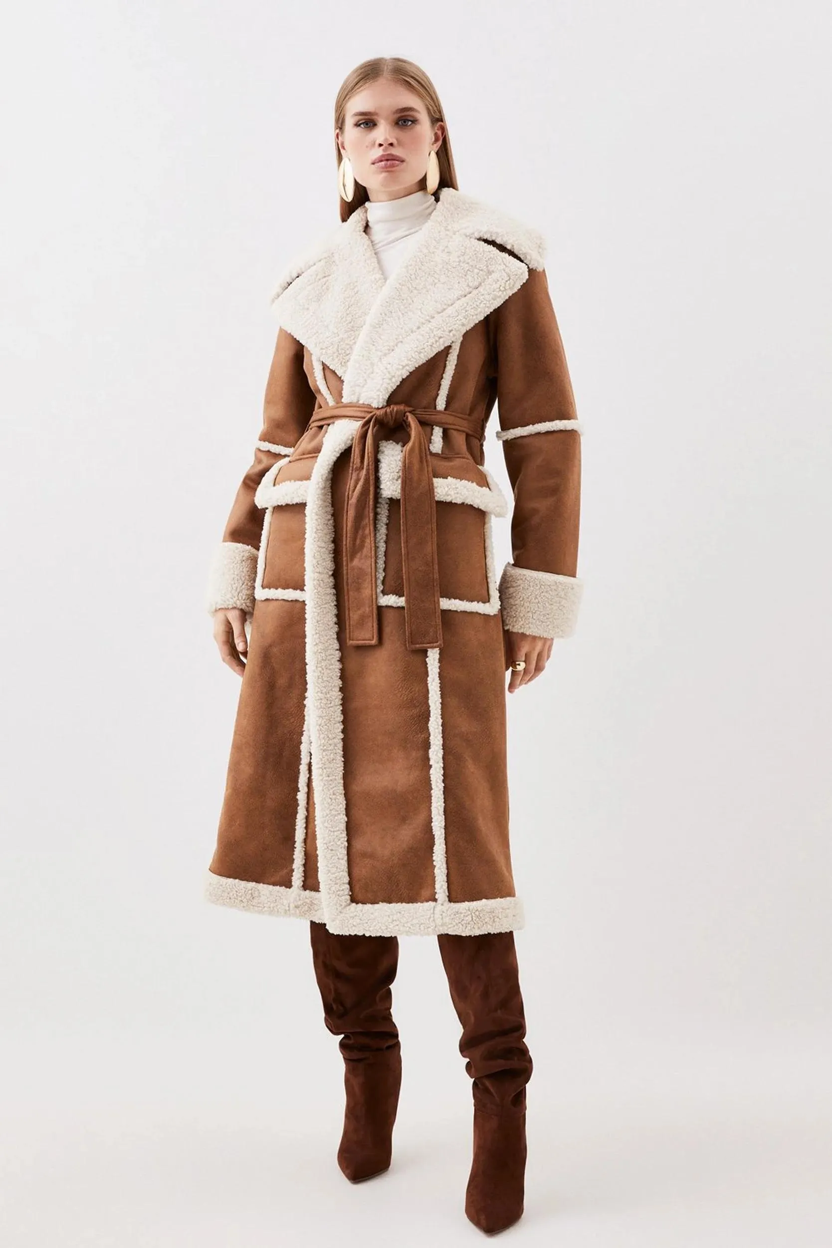 Faux Shearling Contrast Cuff And Collar Wrap Midi Coat