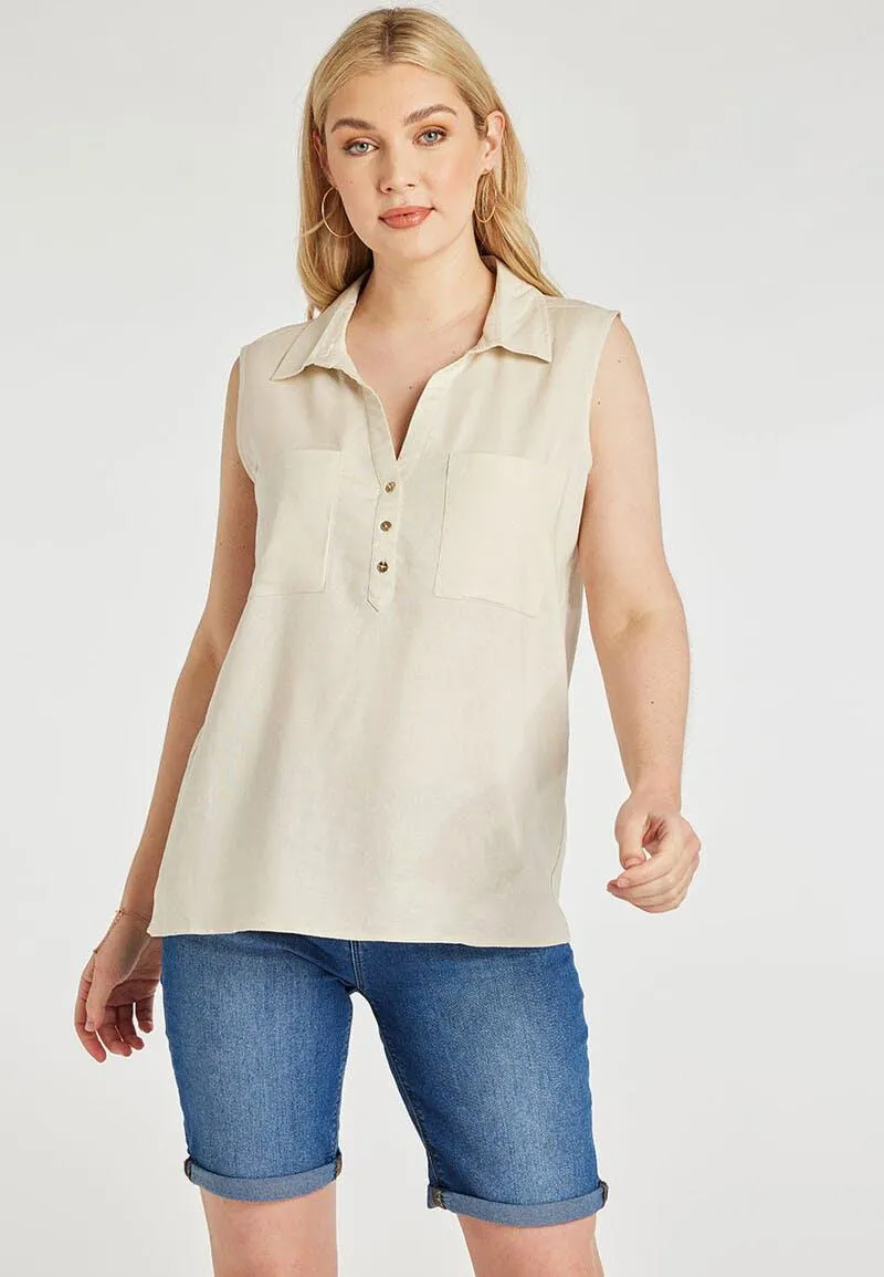 Womens Cream Linen Blend Sleeveless Shirt