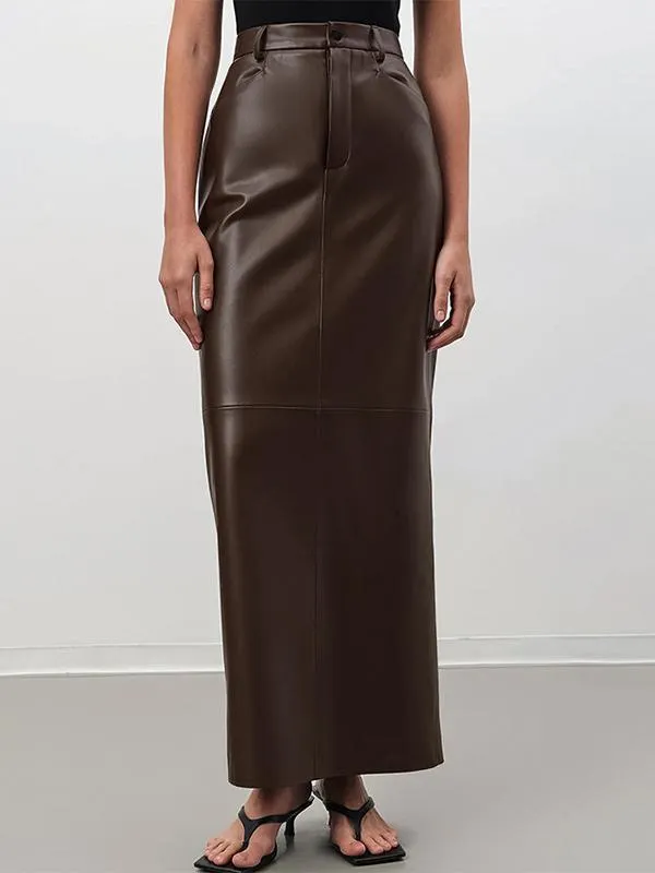 Skirts Coffee Brown PU Leather Raised Waist Chic High-slit Fall Long Women's Bottoms