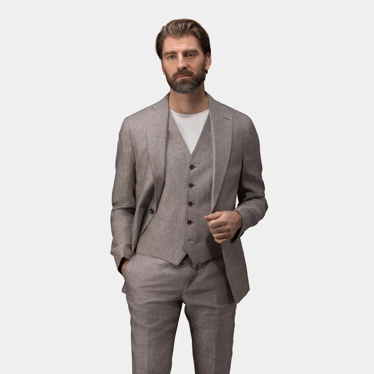 Light brown three-piece suit