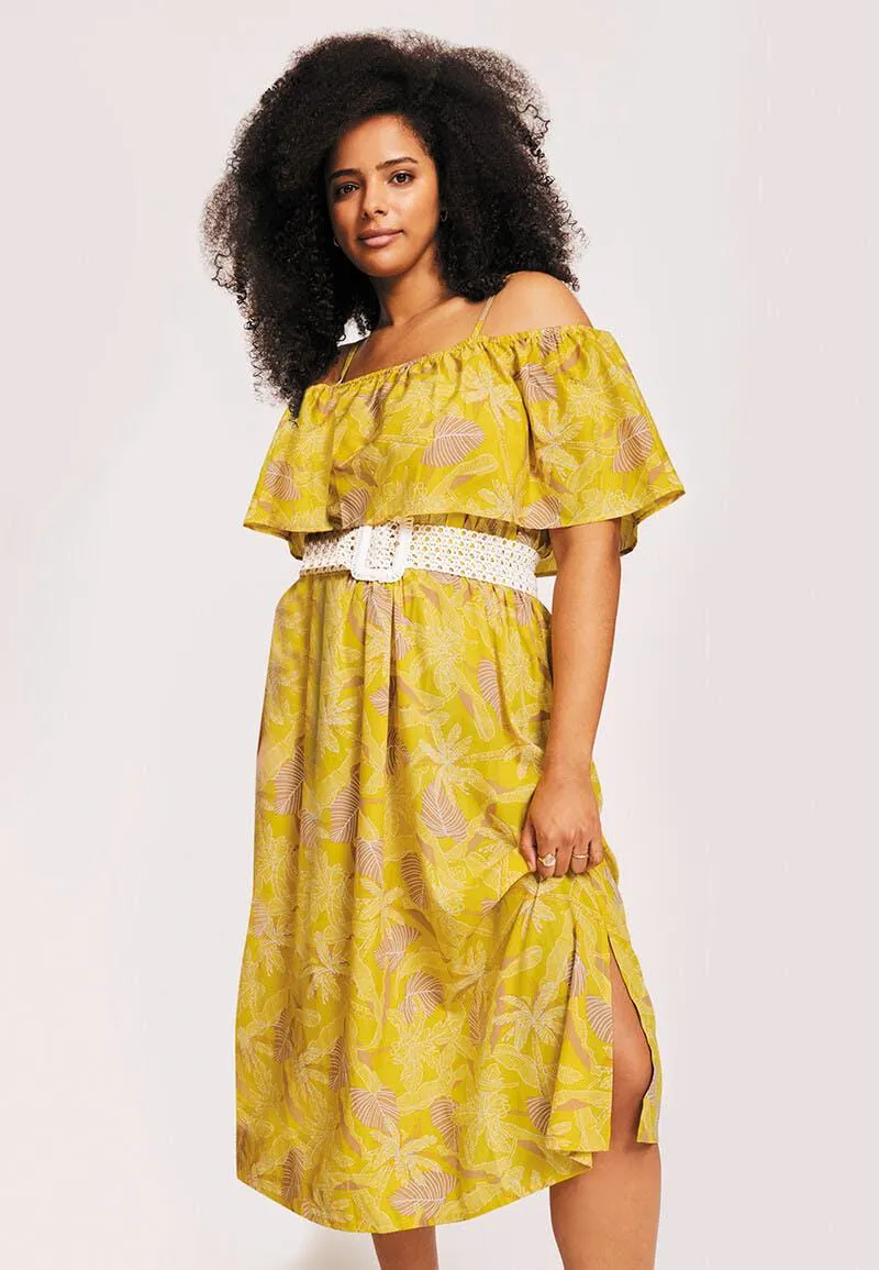 Womens Yellow Leaf Cold Shoulder Midi Dress