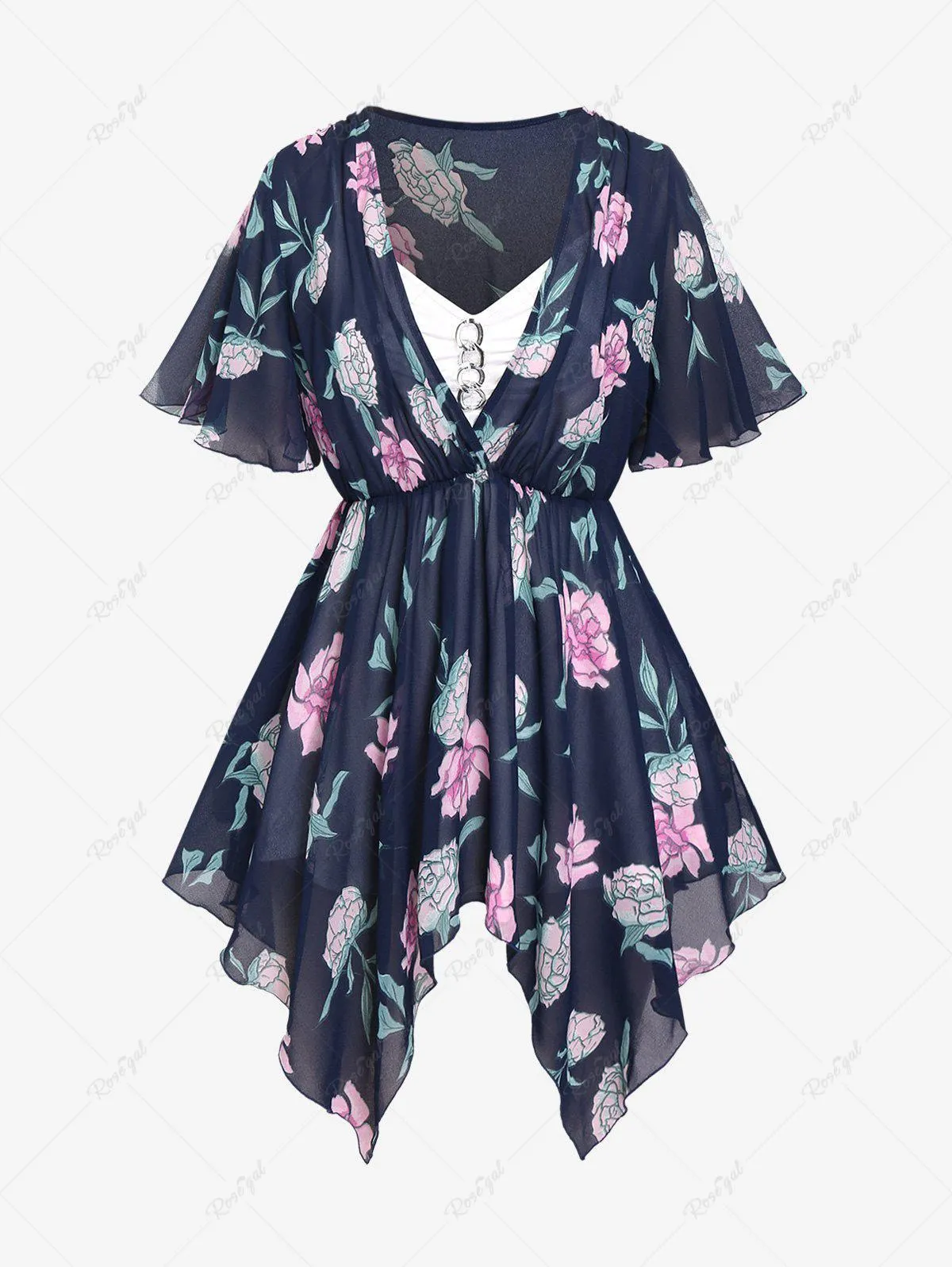 Plus Size Floral Print Blouse and Chain Panel Cami Top Set - M | Us 10