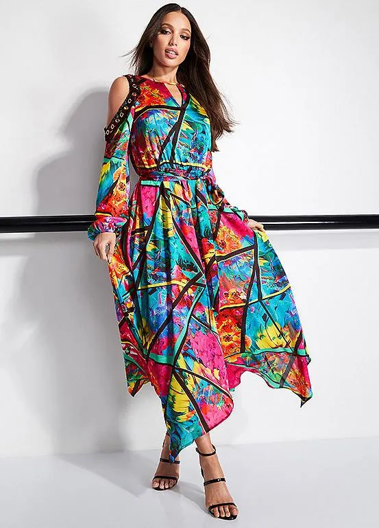 STAR by Julien Macdonald Tropical Print Cut-Out Shoulder Eyelet Detail Satin Dress