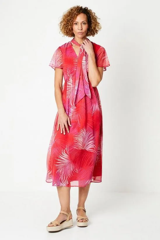 Tall Palm Print Flutter Sleeve Tie Neck Midi Dress