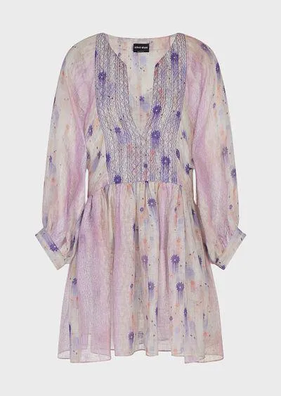 Short dress in printed linen gauze