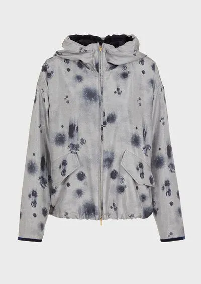 Animal-print silk-twill hooded pea coat