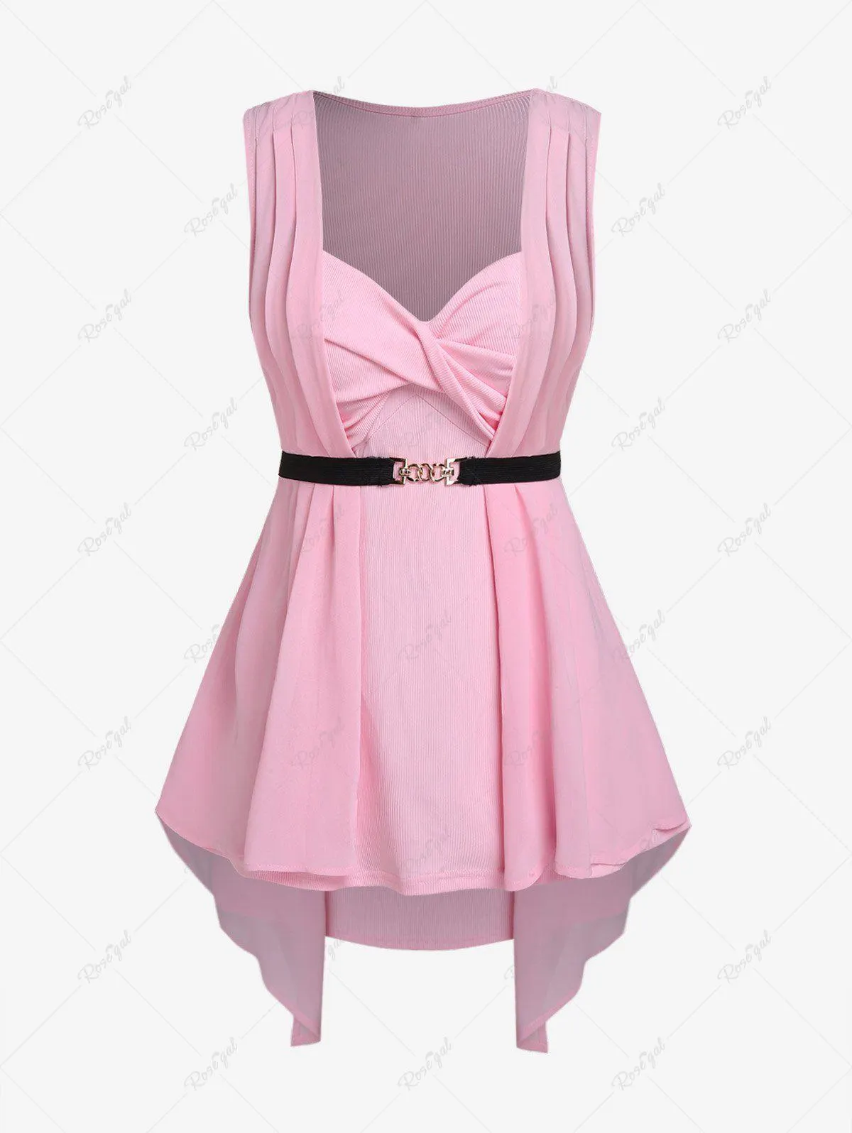 Plus Size Twist Pleated Asymmetric Textured 2 in 1 Tank Top with Belt - M | Us 10