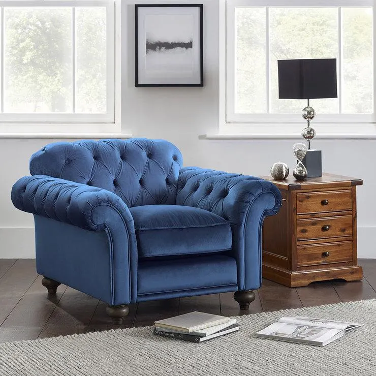 Bordeaux Button Back Blue Velvet Armchair