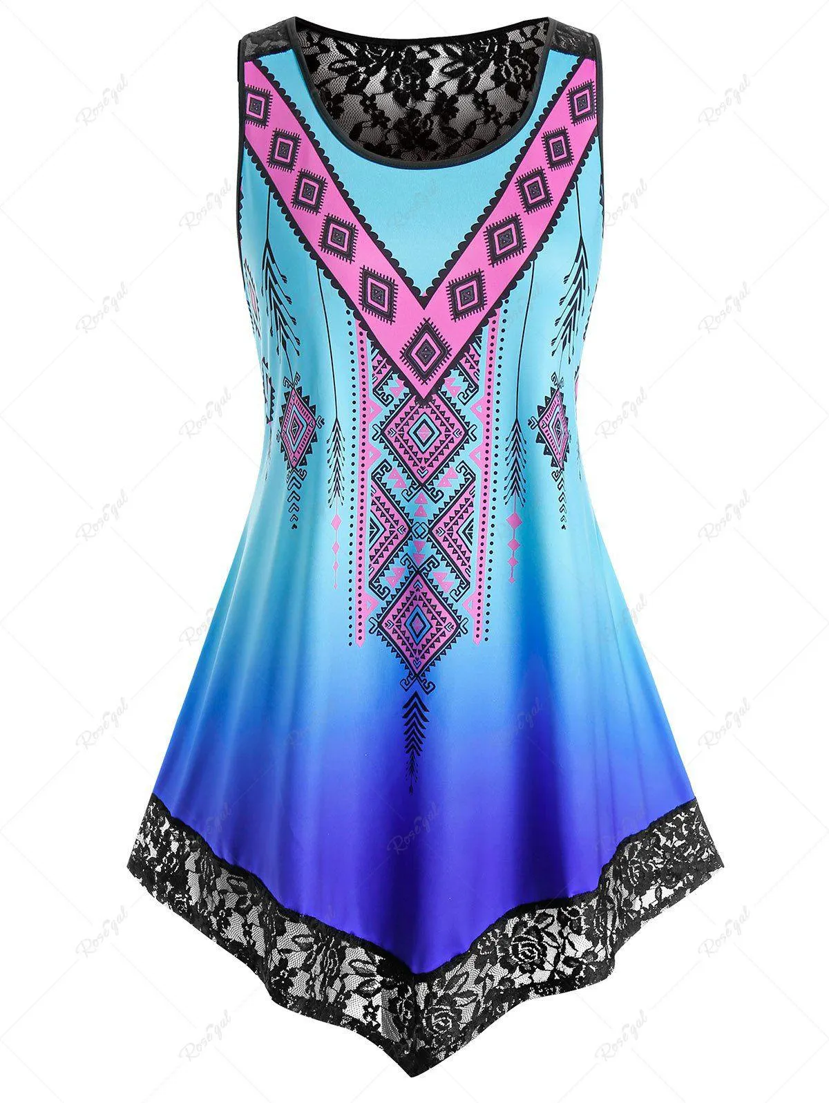 Plus Size Lace Insert Aztec Print Ombre Color Tank Top - L