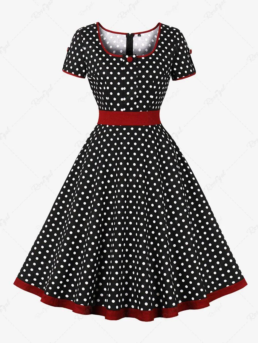 Plus Size Polka Dots Print Zipper 1950s Vintage Swing Dress - 2xl