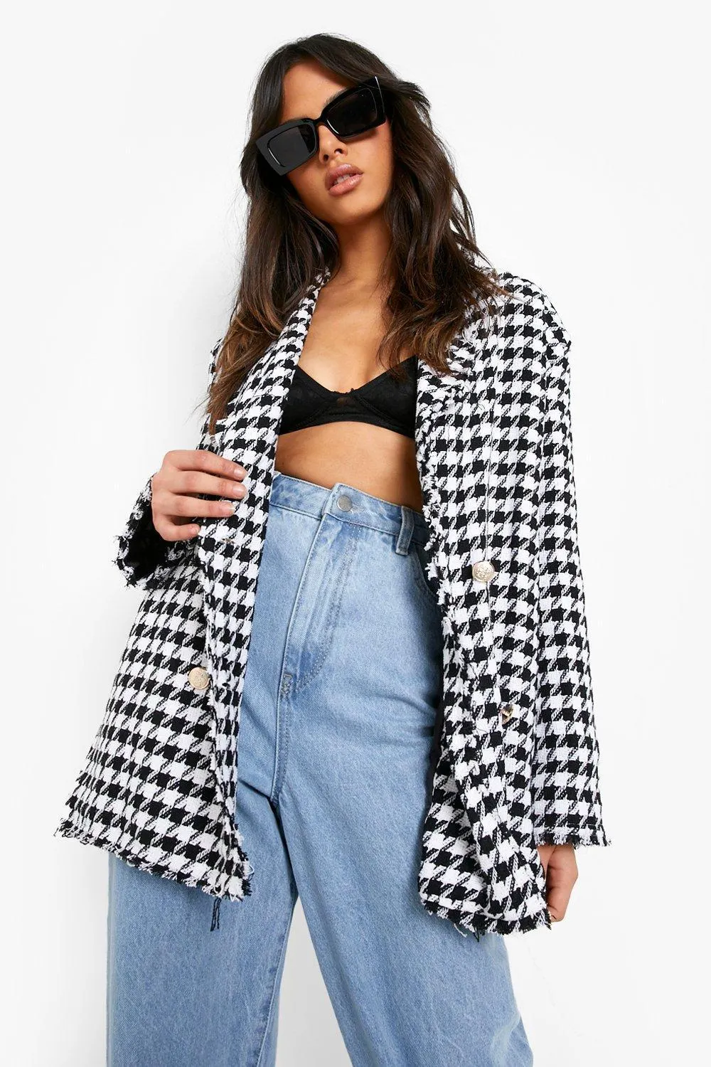 Dogtooth Woven Double Breasted Boxy Blazer