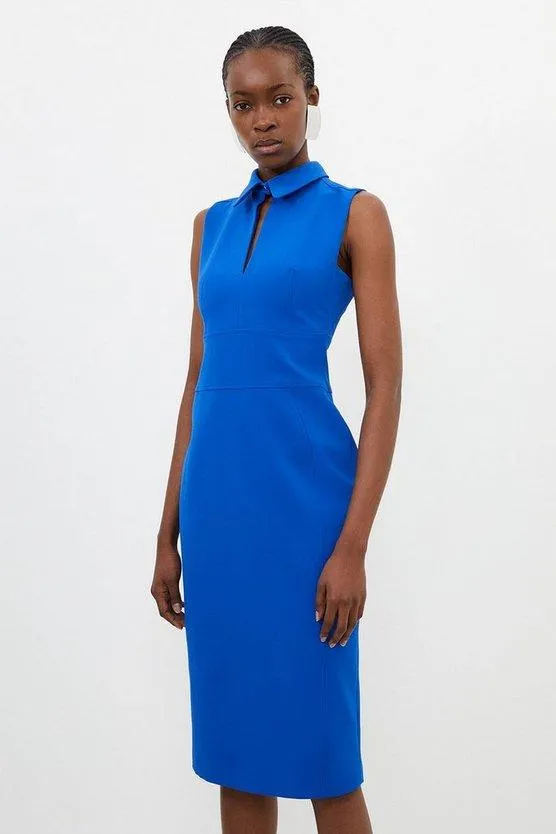 Stretch Crepe Cut Out Detail Collared Tailored Midi Dress