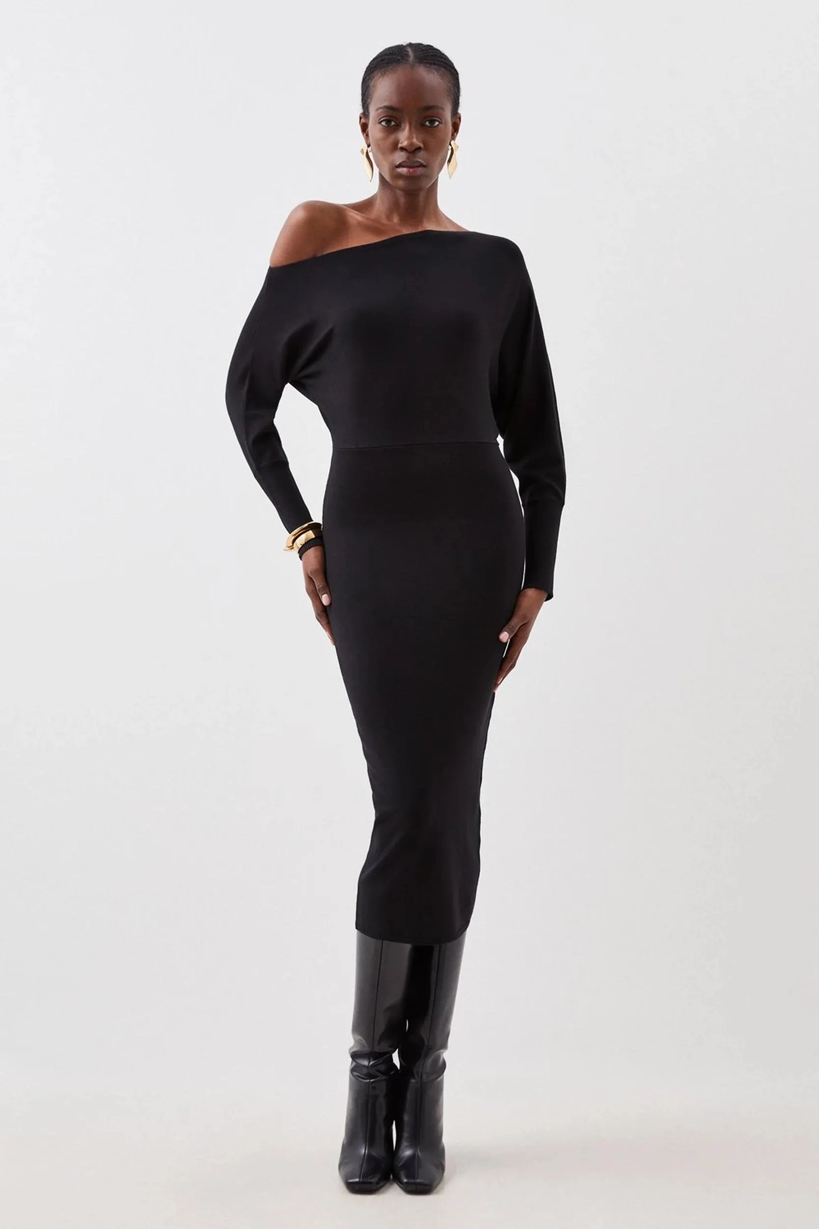 Viscose Blend Knit Asymmetric Neck Midi Dress