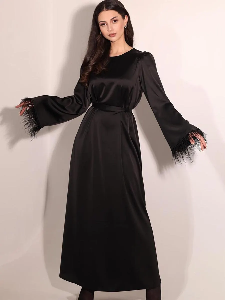 Party Dresses Black Jewel Neck Feathers Long Sleeves Semi Formal Dress