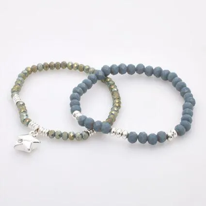 Two Pack Blue & Silver Tone Beaded Bracelets