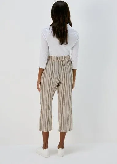Khaki Stripe Tapered Cropped Linen Trousers - Size 8