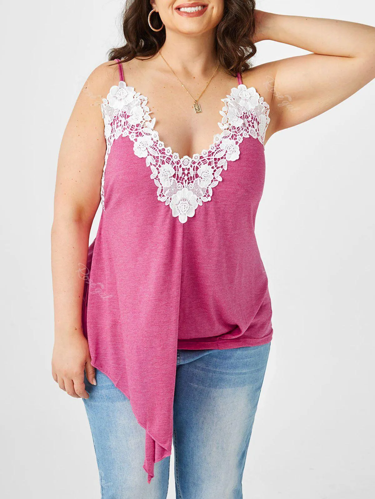 Plus Size Lace Applique Asymmetric Cami Tank Top - 5x