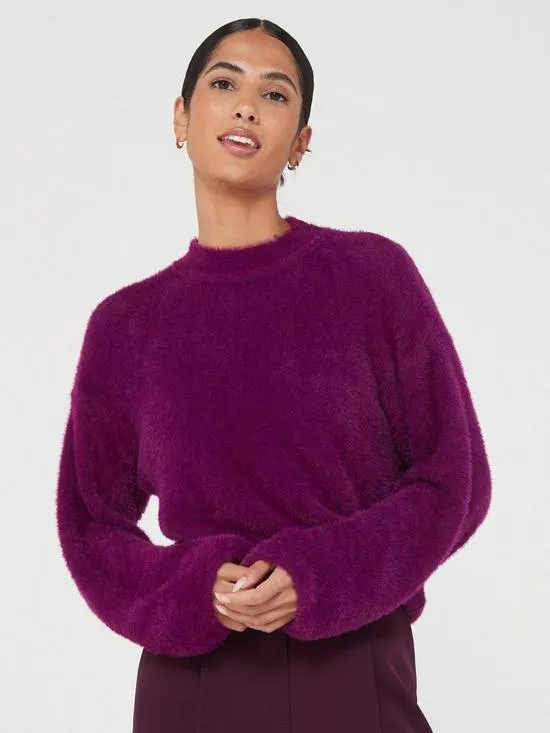 High Neck Fluffy Cropped Jumper - Purple