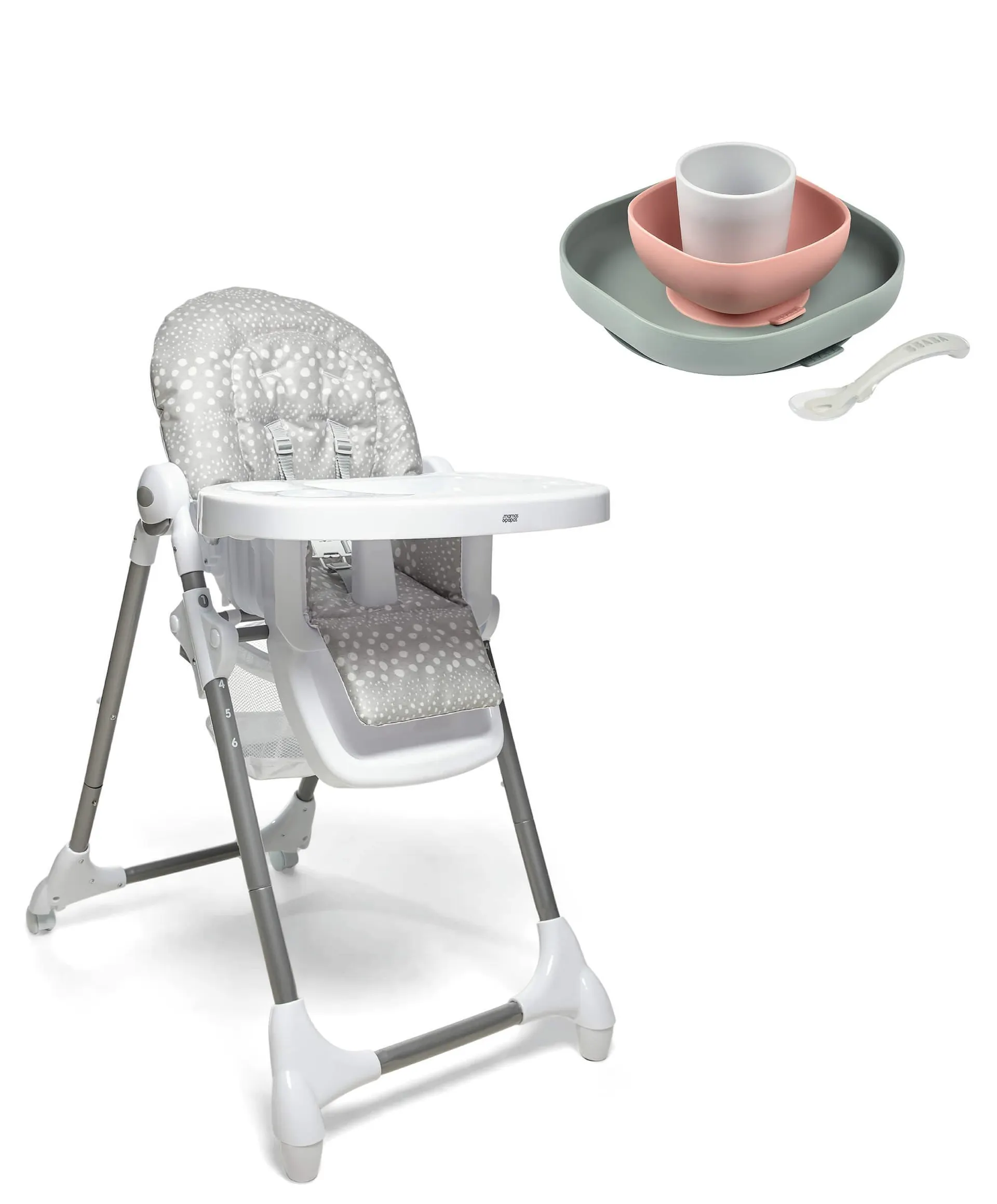 Snax Adjustable Grey Spot Highchair & Beaba Meal Set - Pink/Eucalyptus