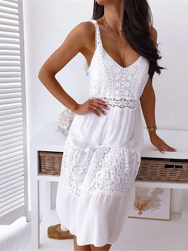 Women's Casual Dress Lace Dress White Dress Midi Dress Lace Patchwork Street Holiday Date Streetwear Basic Spaghetti Strap Sleeveless Regular Fit White Color S M L XL 2XL Size
