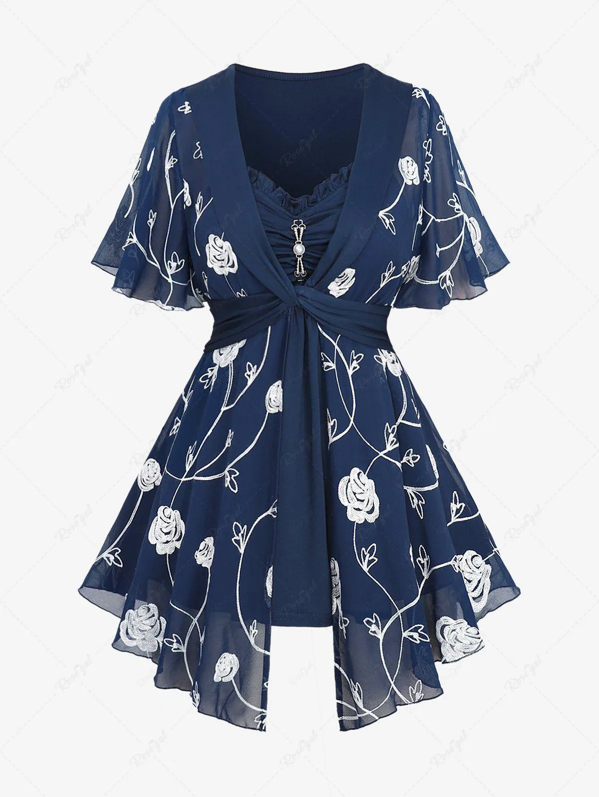 Plus Size Pearl Buckle Panel Ruched Twist Ruffles Embroidery Rose Flowers Chiffon 2 In 1 Top - 3x | Us 22-24