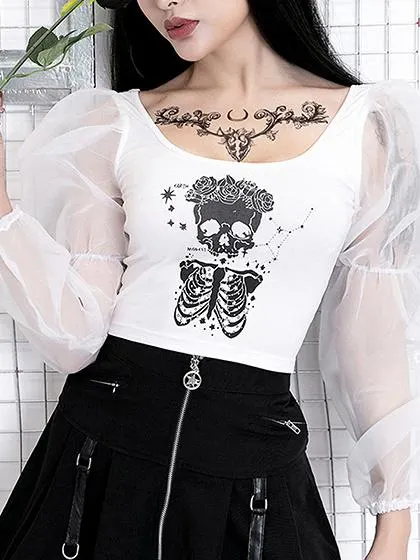 White Print Detail Puff Sleeve T-shirt