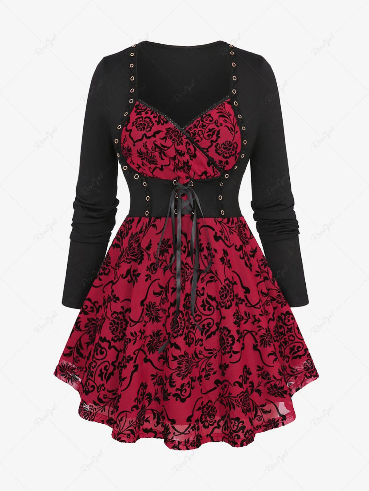 Plus Size Floral Mesh Flocking Lace Up Lace-trim Grommet 2 in 1 Long Sleeves Corset Top - 3x | Us 22-24