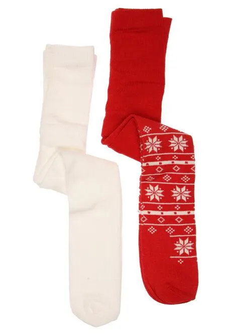 Baby Girls 2pk Red & Cream Christmas Snowflake Tights