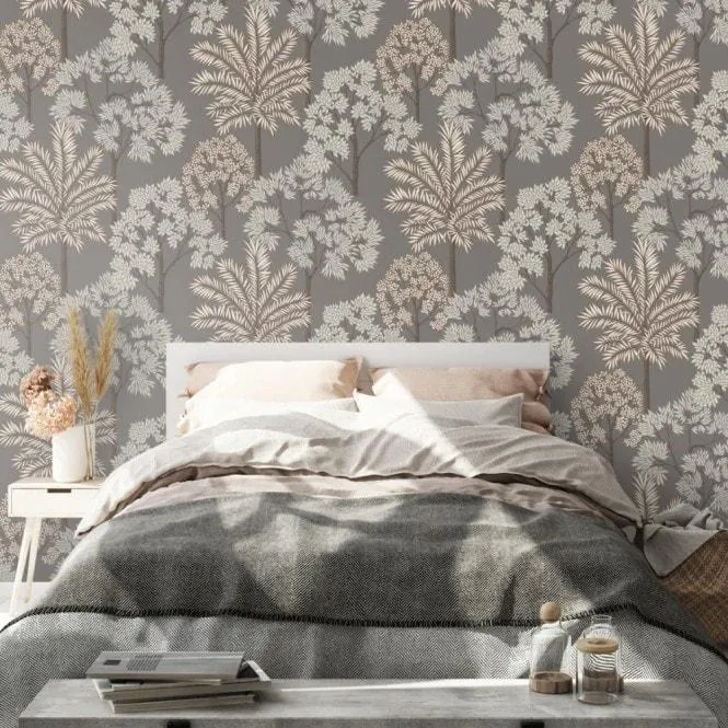 Acacia Tree Wallpaper in Charcoal and Copper