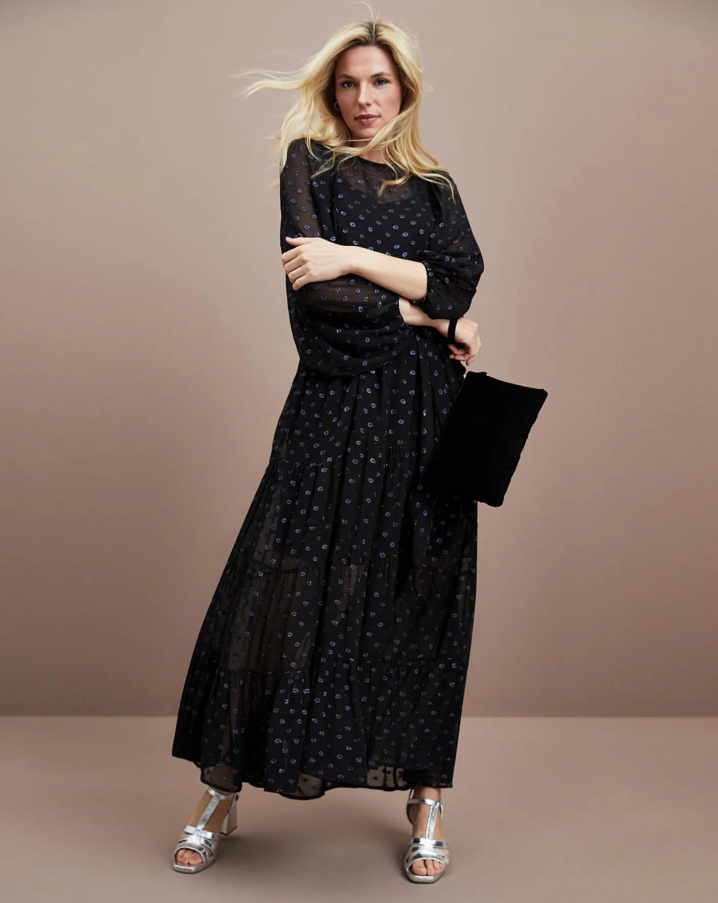 Balloon Sleeve Silver Dobby Spot Smock Dress