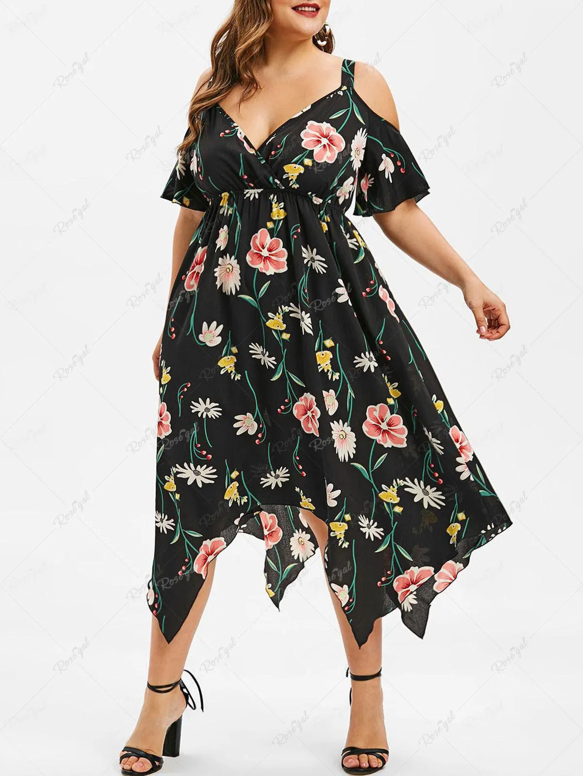 Plus Size Flower Print Handkerchief Cold Shoulder Dress - L | Us 12