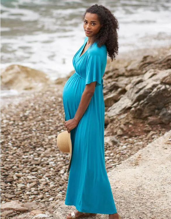 Turquoise Blue Jersey Maternity to breastfeeding Maxi Dress
