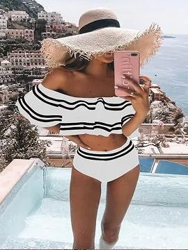 White Off Shoulder Ruffle Trim Bikini Set