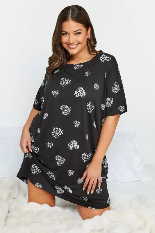 YOURS Curve Black & White Wild Heart Print Sleep Tee Nightdress
