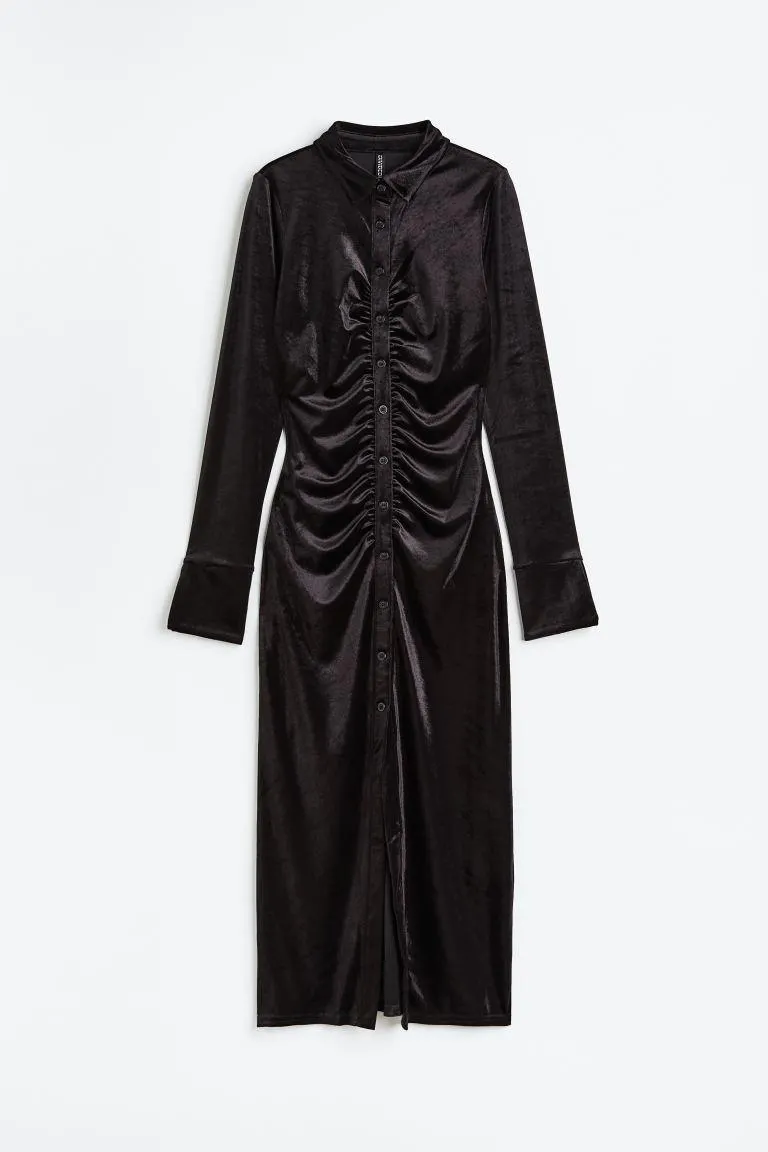 Gathered velour shirt dress