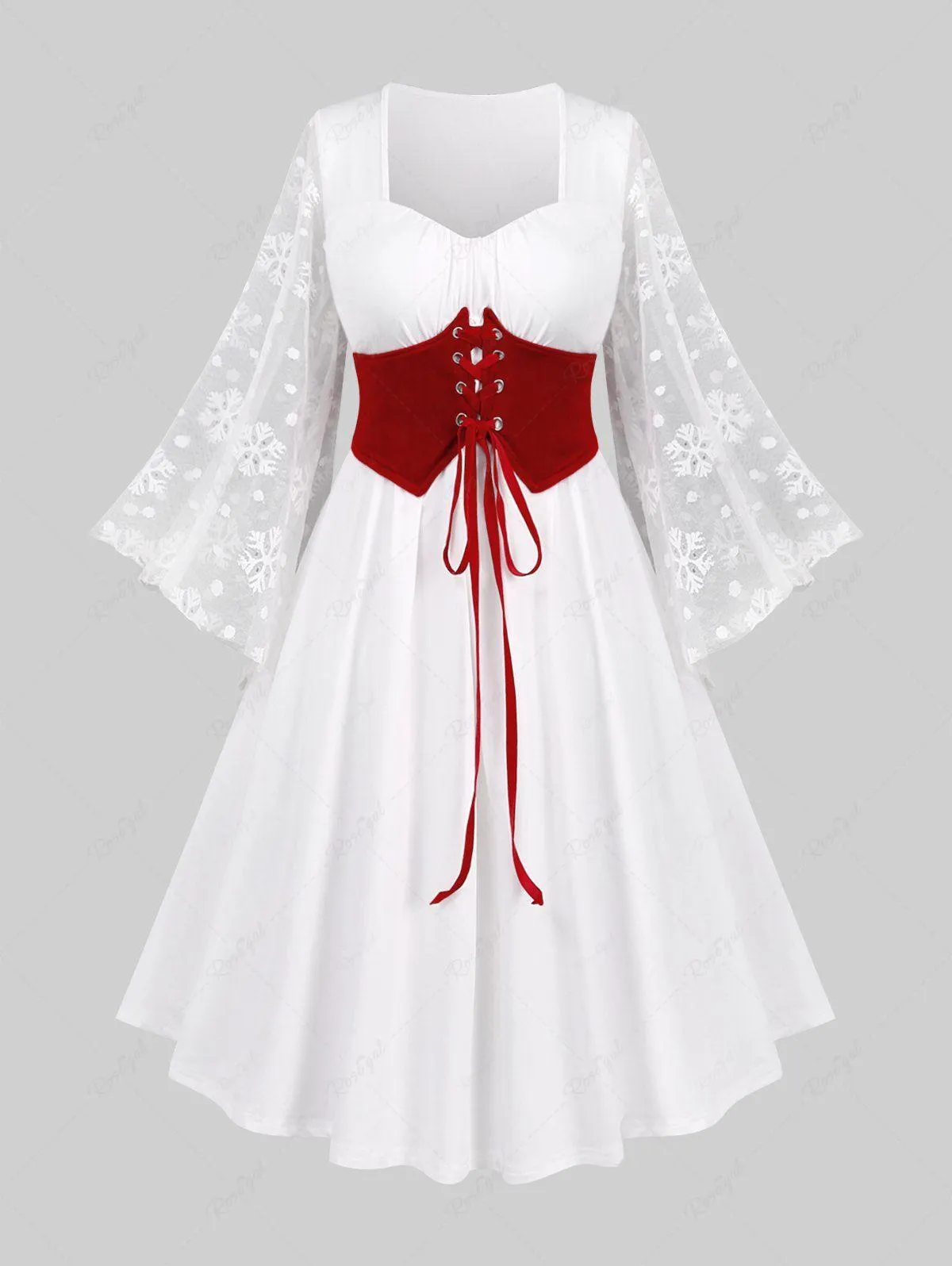 Plus Size Snowflake Polka Dot Mesh Lace Flare Sleeves Ruched Lace Up Velvet Corset A Line Dress - 3x | Us 22-24
