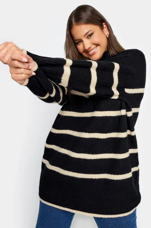 YOURS Curve Black Stripe High Neck Knitted Jumper