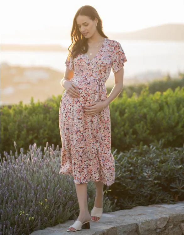 Retro Floral Wrap Maternity Dress