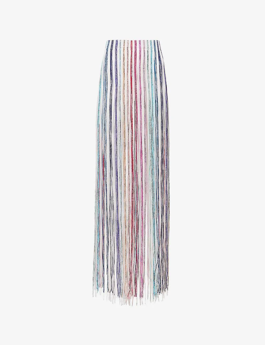 Metallic fringe-embellished woven midi skirt