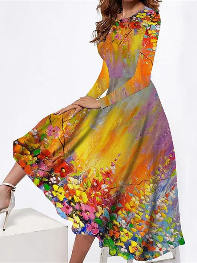 Women's Shift Dress Swing Dress Floral Print Pocket Crew Neck Midi Dress Fashion Streetwear Outdoor Daily Long Sleeve Regular Fit Yellow Summer Spring S M L XL XXL