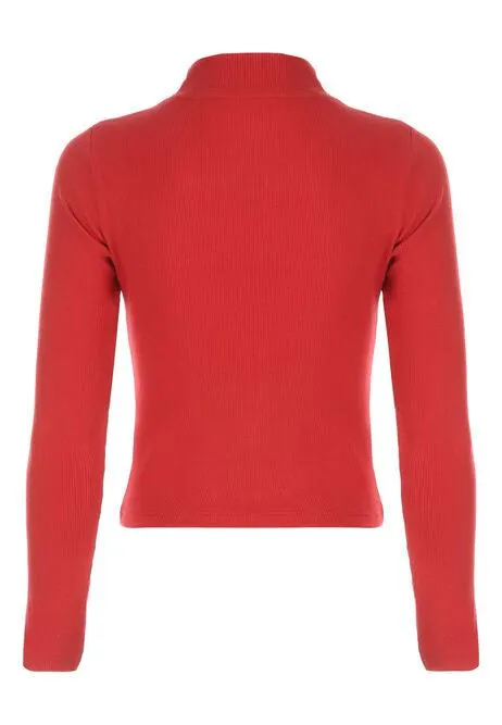 Older Girls Red Ribbed Long Sleeve Turtle Neck Top