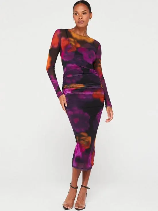 Long Sleeve Mesh Midaxi Dress - Print